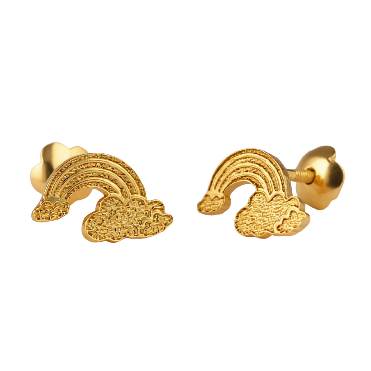 Gold rainbow-shaped earrings on a white background