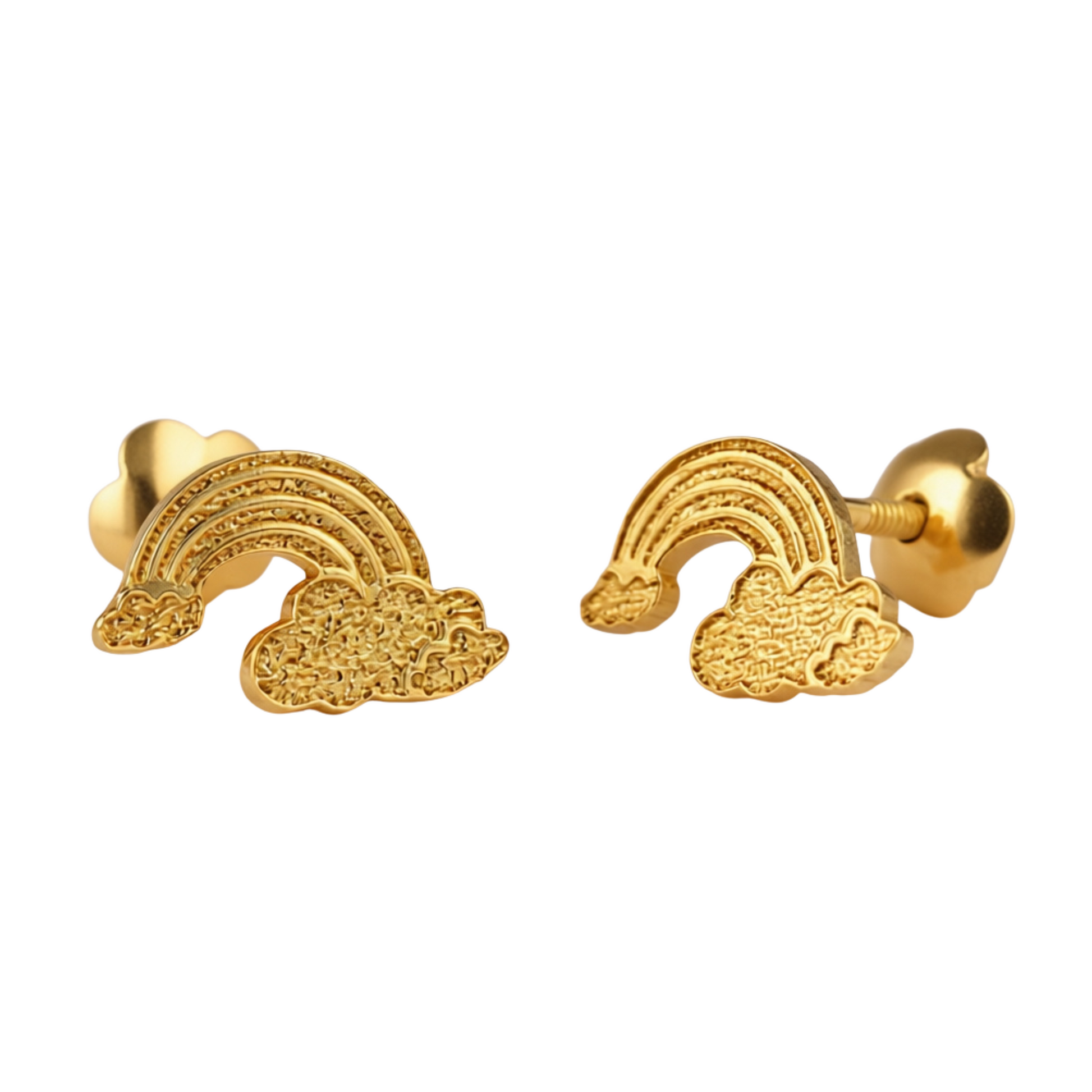 Gold rainbow-shaped earrings on a white background
