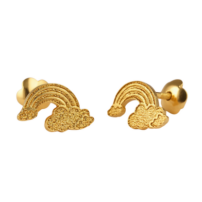 Gold rainbow-shaped earrings on a white background