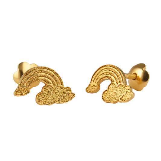 Gold rainbow-shaped earrings on a white background