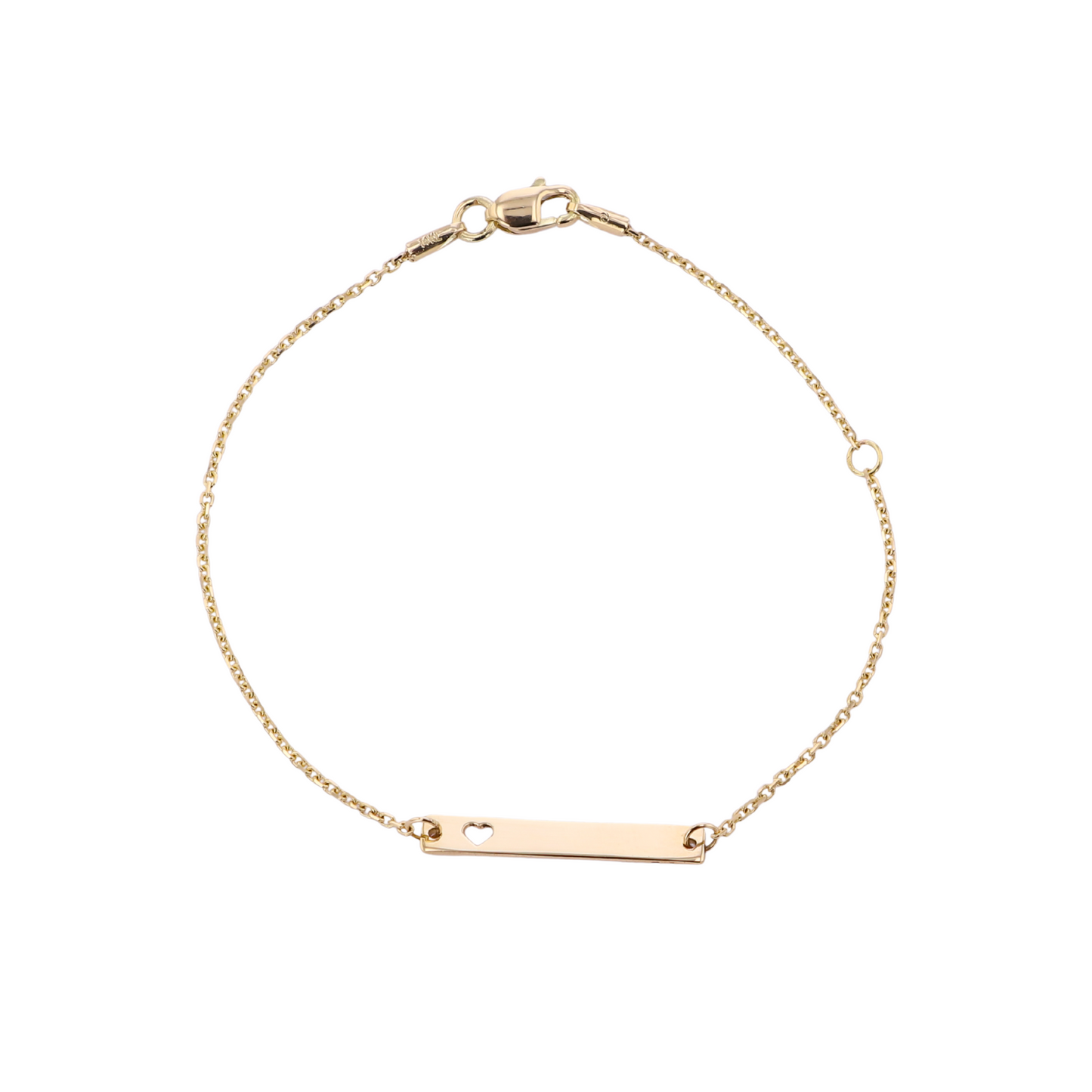 Gold bracelet with a bar charm on a white background