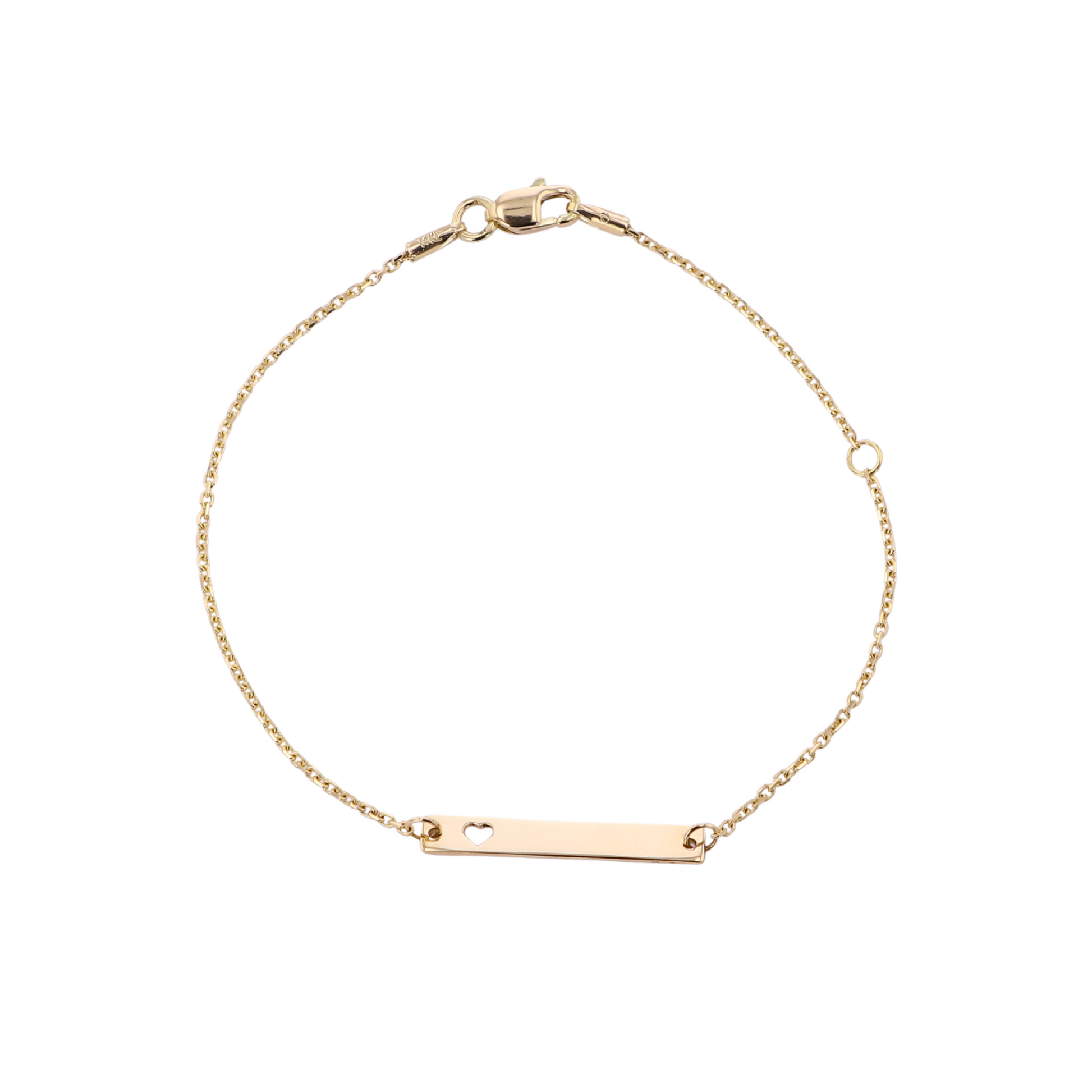 Gold bracelet with a bar charm on a white background