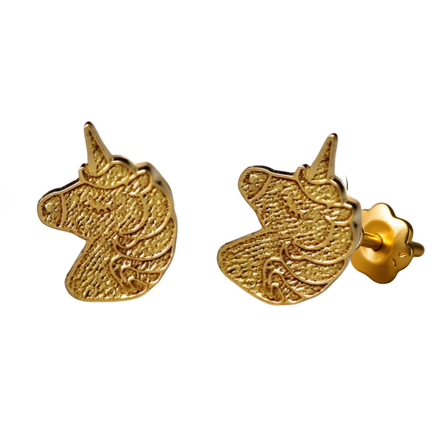 Gold unicorn-shaped earrings on a white background