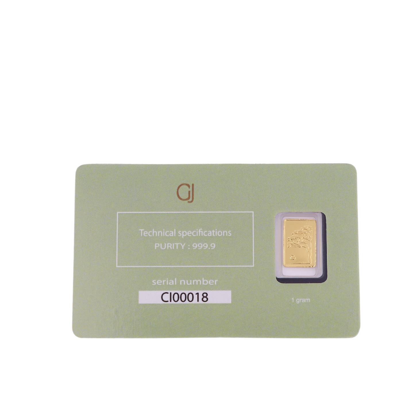 Gold bar on a green card with technical specifications