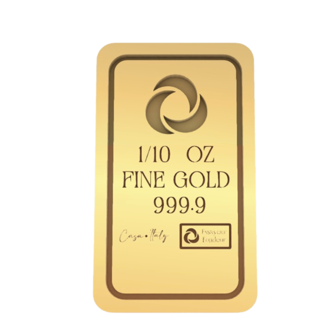 Gold bar with '1/10 oz Fine Gold 999.9' text on a white background