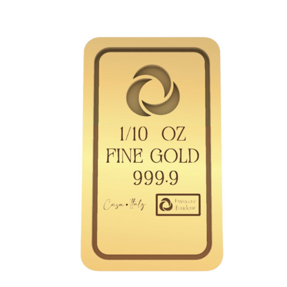 Gold bar with '1/10 oz Fine Gold 999.9' text on a white background