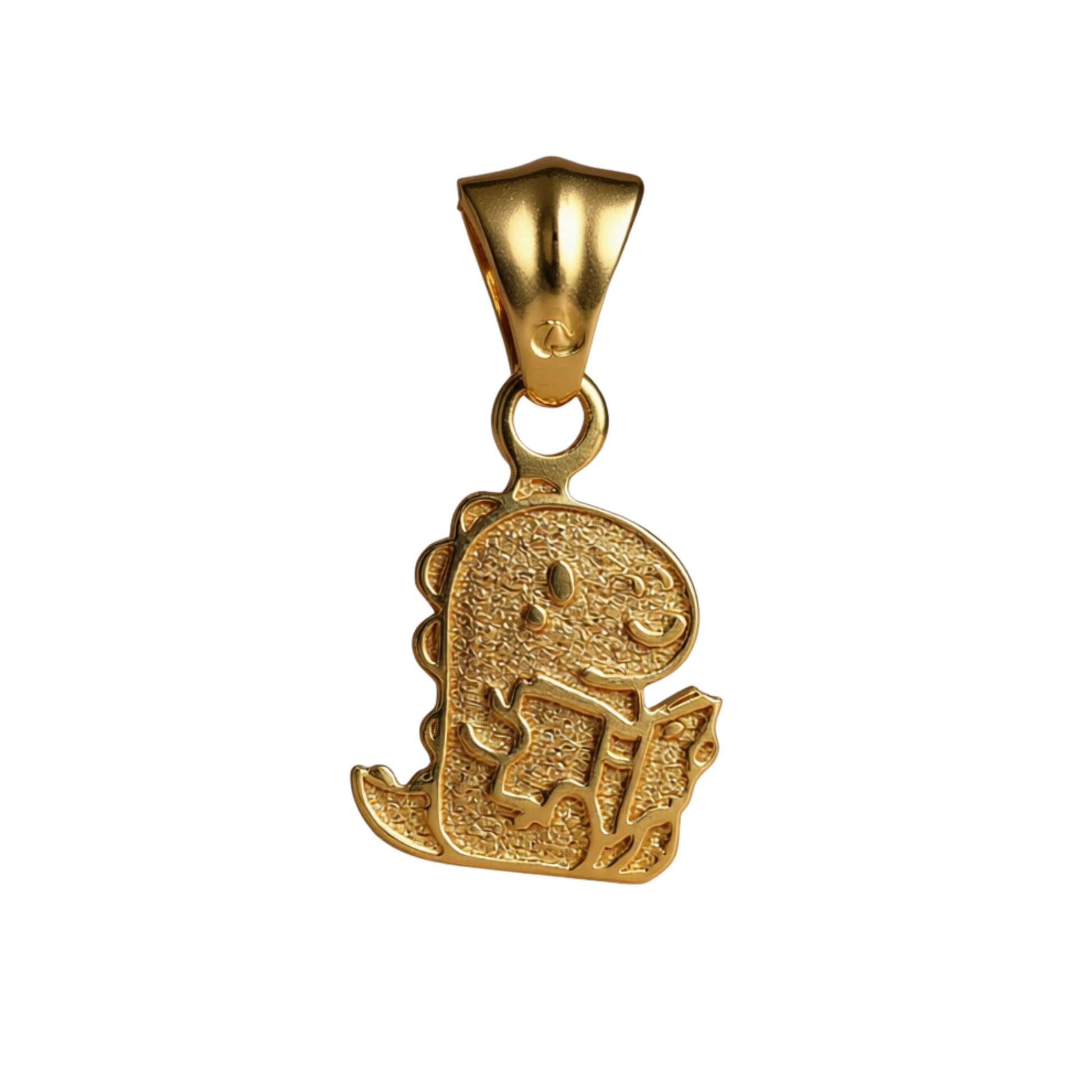 Gold pendant with a detailed design on a white background