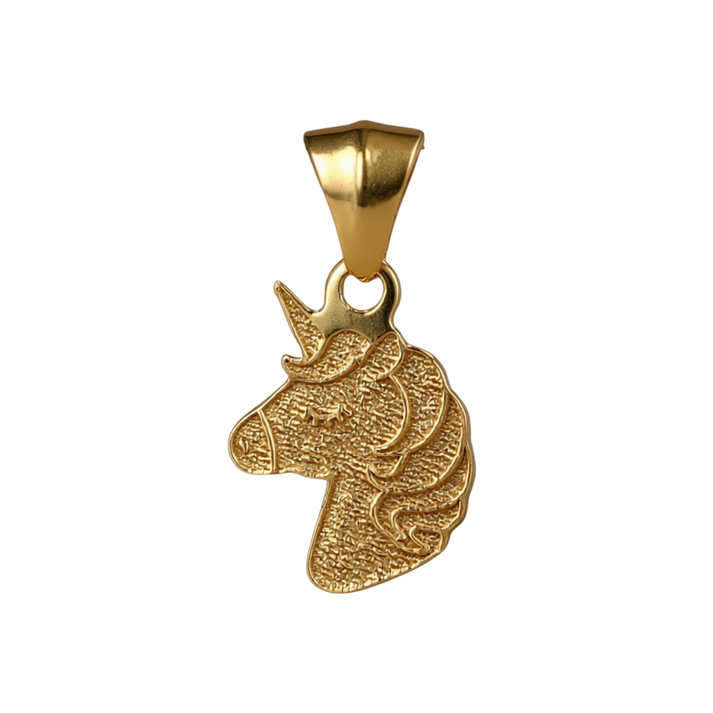 Gold unicorn pendant on a white background