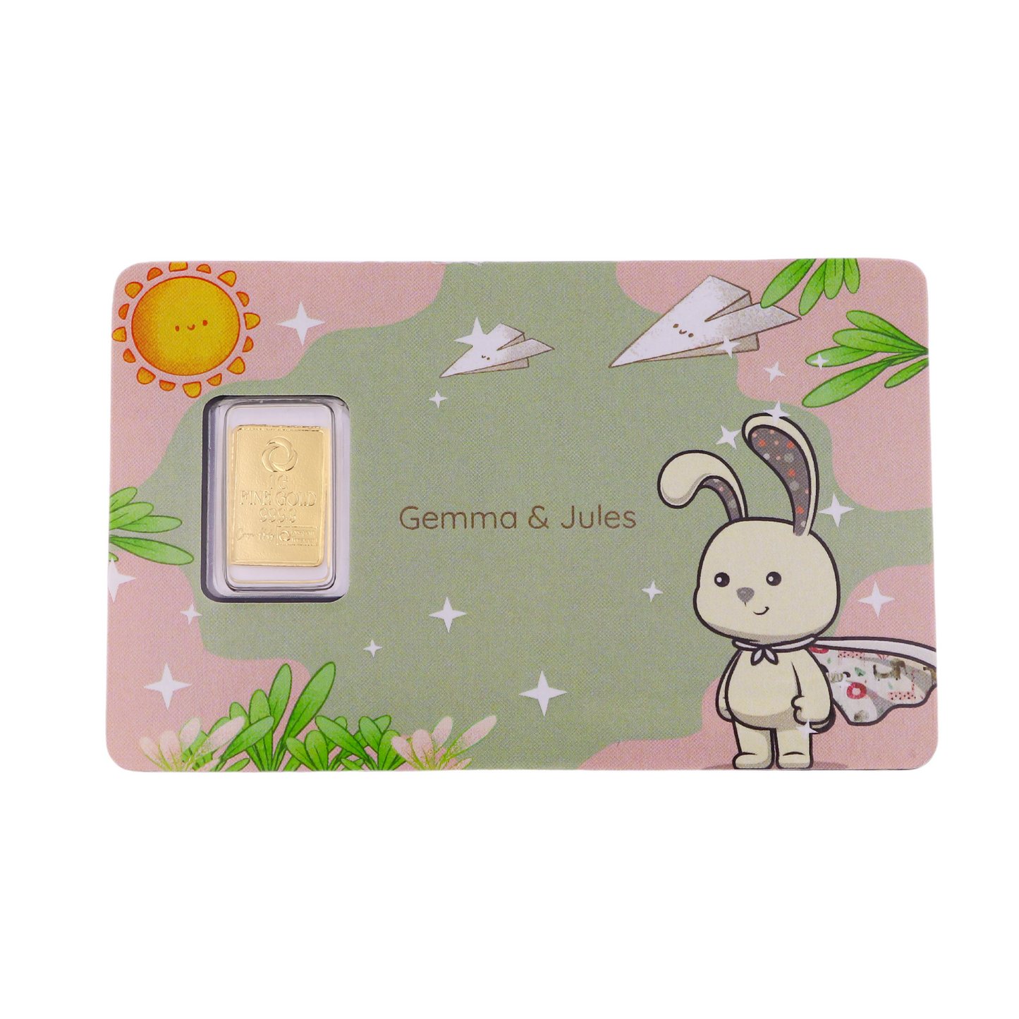 Gold bar in a decorative box with a cartoon rabbit and colorful design, featuring the brand 'Gemma & Jules'.
